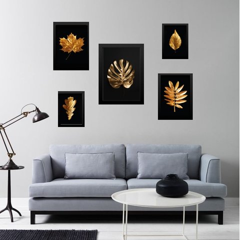 Kit 5 Quadros Folhas Douradas Fundo Preto:madeira Preta