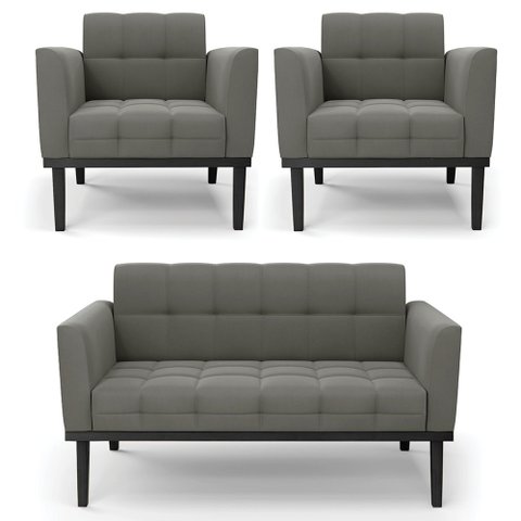 Sofá Namoradeira e 2 Poltronas Base Madeira Preto Ana Suede Grafite - Ibiza