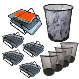 Kit Escritório Bandeja Organizadora Lixeira Preto Atacado - 2