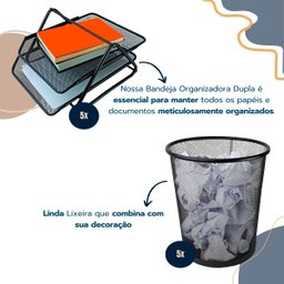 Kit Escritório Bandeja Organizadora Lixeira Preto Atacado - 5