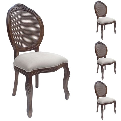 4 Cadeira Medalhão Madeira Entalhada com Tela Telinha Palhinha Poltrona Natural Provençal Indiana de