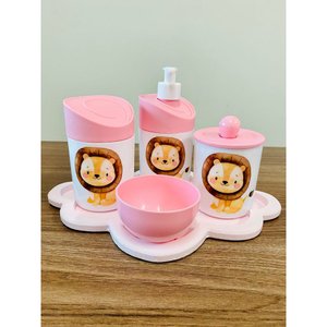 Kit Higiene Leãozinho Baby - Rosa C/bandeja Nuvem Rosa