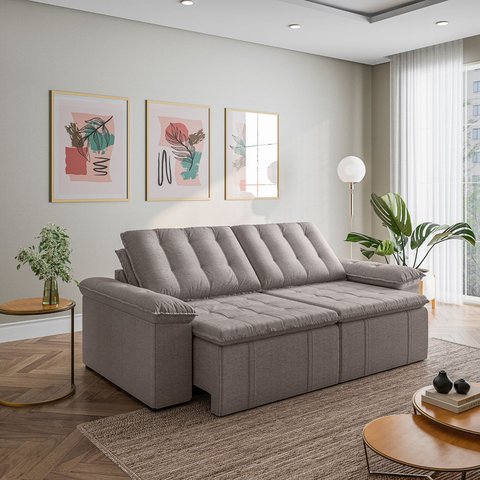 Sofá Cama Retrátil e Reclinável 3 Lugares 260cm Linho com Molas Palmeira CabeCasa MadeiraOriginals C