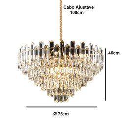 Lustre de Cristal Moderno Ø75x46cm Metal Dourado para 16 Lâmpadas Sindora - 3