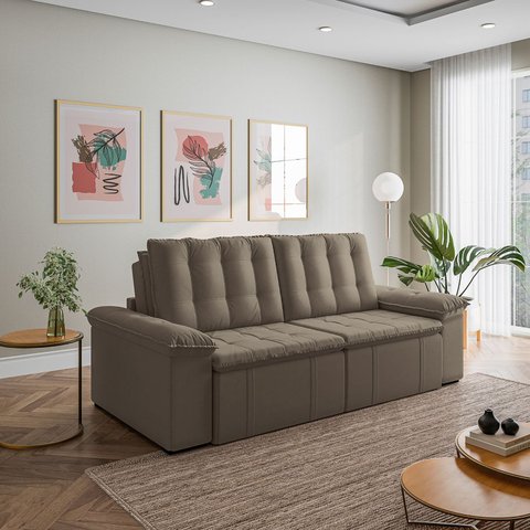Sofá Cama Casal Retrátil e Reclinável 3 Lugares Veludo Castor Palmeira 260cm CabeCasa MadeiraOriginals Madeiraorigina