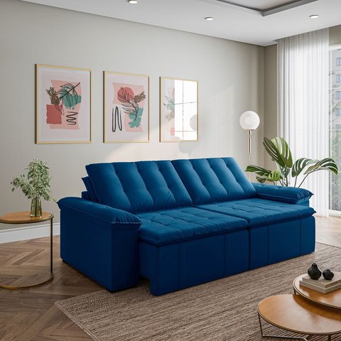Sofá Cama Casal Retrátil e Reclinável 4 Lugares Veludo Azul Palmeira 280cm CabeCasa MadeiraOriginals