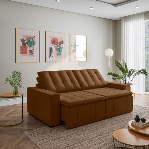 Sofá Cama Retrátil e Reclinável 3 Lugares 260cm em Veludo Palmeira CabeCasa MadeiraOriginals Marrom