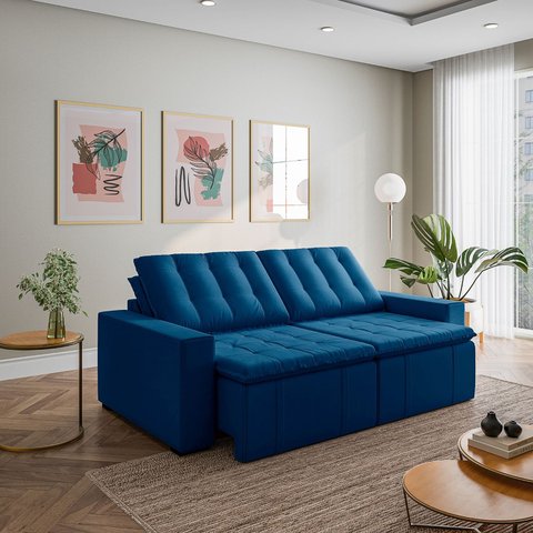 Sofá Cama Retrátil e Reclinável 3 Lugares 260cm em Veludo Palmeira CabeCasa MadeiraOriginals Azul