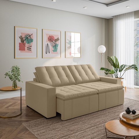 Sofá Cama Retrátil e Reclinável 3 Lugares 260cm em Veludo Palmeira CabeCasa MadeiraOriginals Bege