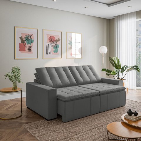Sofá Cama Retrátil e Reclinável 3 Lugares 260cm em Veludo Palmeira CabeCasa MadeiraOriginals Cinza