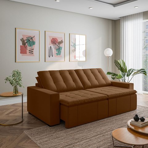 Sofá Cama Retrátil e Reclinável 4 Lugares 280cm em Veludo Palmeira CabeCasa MadeiraOriginals Marrom