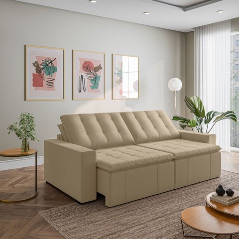 Sofá Cama Retrátil e Reclinável 4 Lugares 280cm em Veludo Palmeira CabeCasa MadeiraOriginals Bege