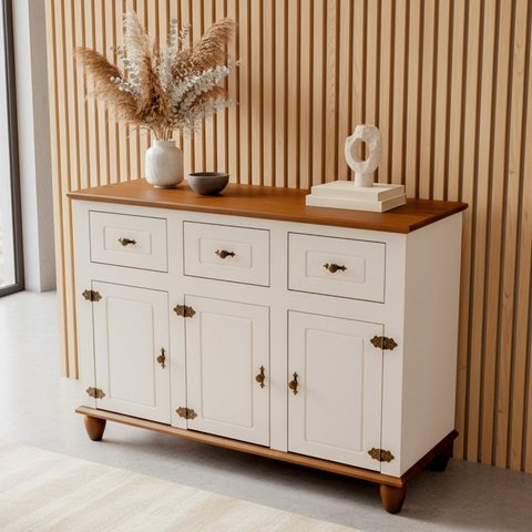 Balcão Buffet 3 Gavetas 3 Portas 130cm Madeira Maciça Tampo Base e Pés em Joy Off White