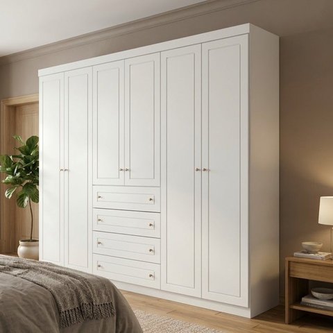 Guarda Roupa Casal 6 Portas 4 Gavetas 262cm com Cabideiro