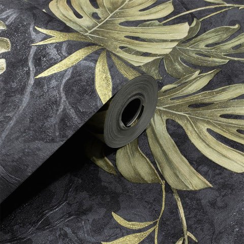 Papel de Parede Estampado Folhagem Cinza Chumbo Vinilico Lavável+Cola