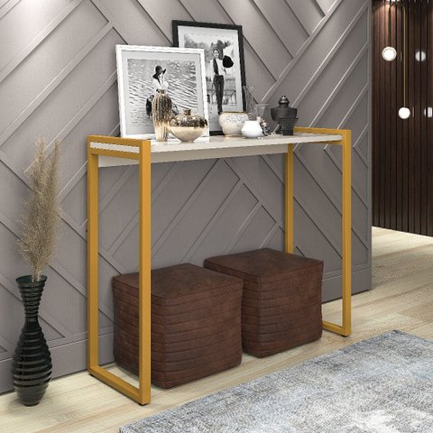 Aparador Industrial Ísis Buffet Aço Dourado 1 Prateleira MDF Base Dourada/Off White