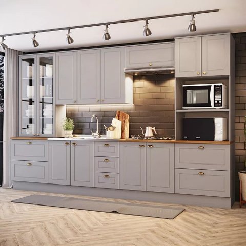 Cozinha Modulada 343cm 6 Peças 12 Portas 7 Gavetas Americana Henn - Cinza/nature