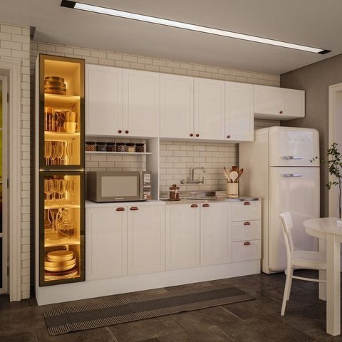 Cozinha Pérola com Rodapé e Cristaleira com LED 5 Peças 320 cm Yescasa Branco