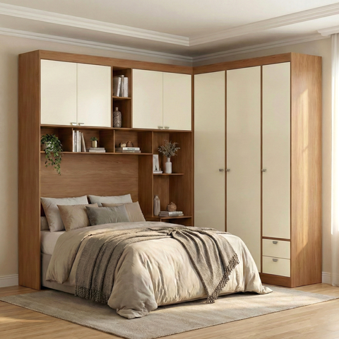 Guarda-Roupa Casal Modulado com Cabeceira e Módulo Aéreo 7 Portas 4 Gavetas Lugano Bege/Jatobá/Areia