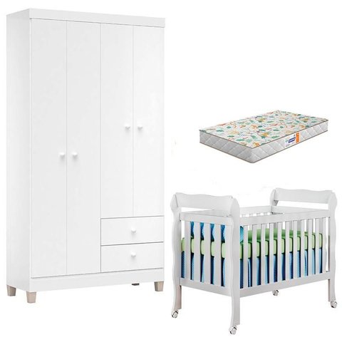 Berço Americano Lila com Colchão Gazin e Guarda Roupa Ternura Baby 4 Portas Branco Flex - Incorplac