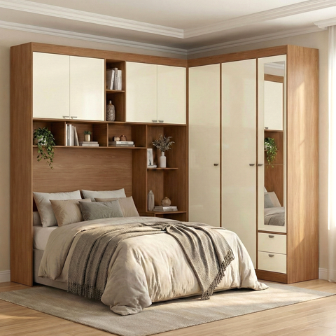 Guarda Roupa Casal Modulado com Espelho e Cabeceira 7 Portas 4 Gavetas Lugano