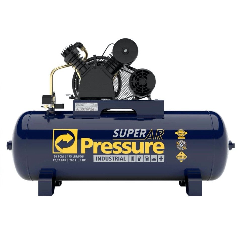 Compressor Ar Pressure Super AR 20/200V 175 PSI 200 Litros Motor 5HP Trifasico - 220v
