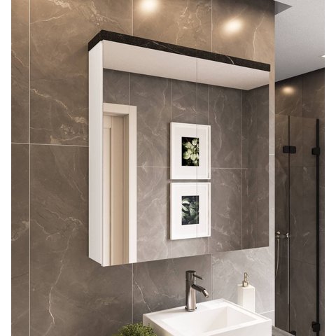 Armário de Banheiro 80cm 02 Portas com Espelho Ref 801 - Branco/Portoro