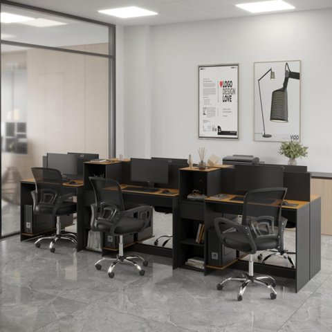 Estação de Trabalho 6 Lugares Office Smart 6 Mesas 4 Armários - Preto e Cedro
