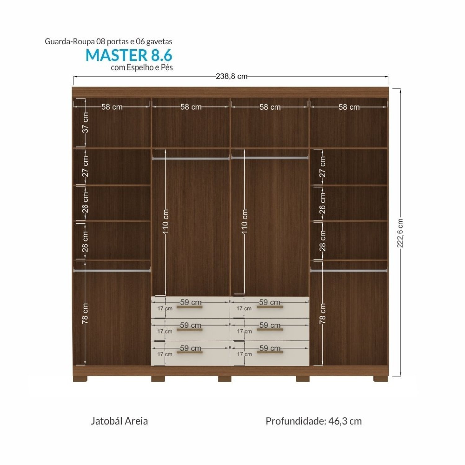 Guarda-roupa Casal 8 Portas 6 Gavetas Master com Espelho e Pés - 5