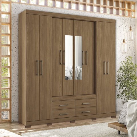 Guarda-Roupa Casal 8 Portas 4 Gavetas com Pés e Espelhos Nápoles Marrom/Jatoba