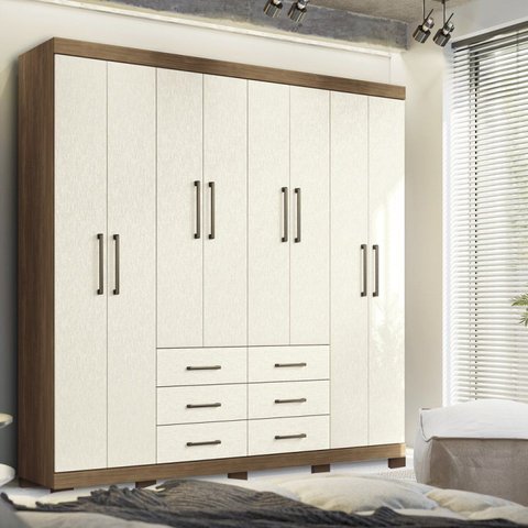 Guarda-Roupa Casal 8 Portas 6 Gavetas Liverpool com Pés Bege/Jatobá/Areia