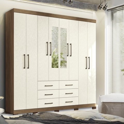 Guarda-Roupa Casal 8 Portas 6 Gavetas Liverpool com Espelhos e Pés Bege/Jatobá/Areia