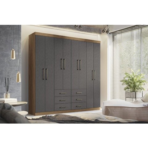 Guarda-Roupa Casal 8 Portas 6 Gavetas Liverpool Cinza/Jatobá/Grafite