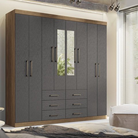 Guarda-Roupa Casal 8 Portas 6 Gavetas Liverpool com Espelhos Cinza/Jatobá/Grafite