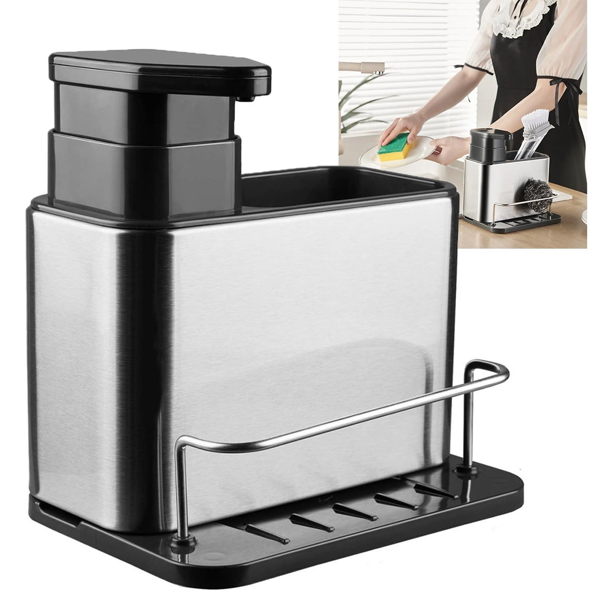 Dispenser Porta Detergente Bucha Escorredor 3 em 1 Esponja Inox Cozinha Pia Balcao Limpeza Higiene e