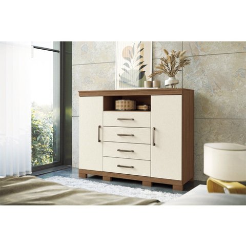 Cômoda para Quarto 2 Portas 4 Gavetas 1 Nicho Master com Pés Bege/Jatobá/Areia