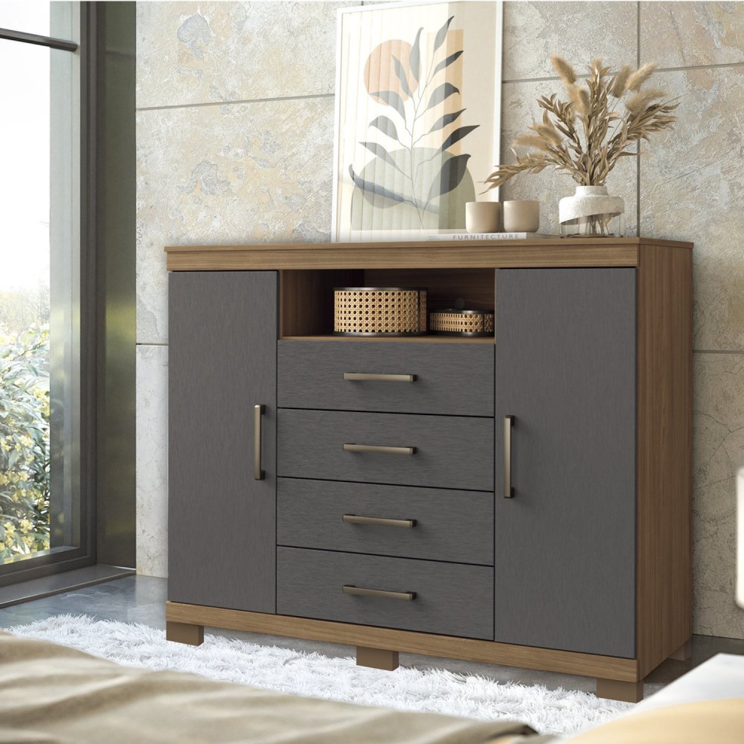 Cômoda para Quarto 2 Portas 4 Gavetas 1 Nicho Master com Pés