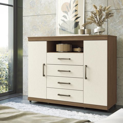 Cômoda para Quarto 2 Portas 4 Gavetas 1 Nicho Master com Rodízios Bege/Jatobá/Areia