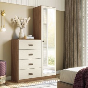 Cômoda 4 Gavetas 1 Porta Estilo com Espelho