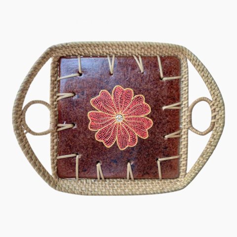 Bandeja Rattan e Ceramica Floral Pintada a Mao Indonesia 12