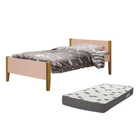 Cama Solteiro Simba Rosa Fosco Pés Amadeirado com Colchão D33 - Reller Móveis