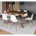 Ver imagem 1 de Mesa Jantar Industrial Retangular Amêndoa 137x90cm Base V Cobre com 6 Cadeiras Eames Eiffel Brancas