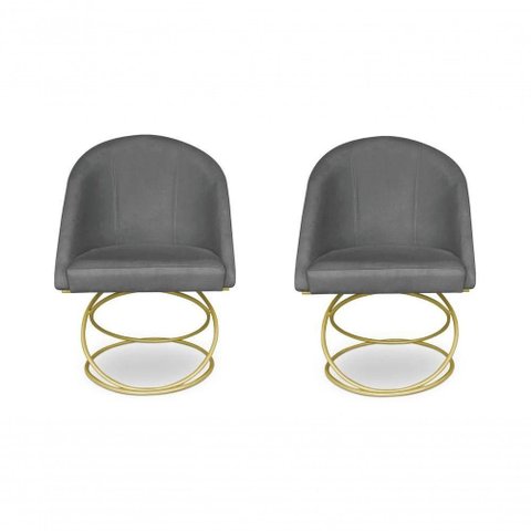 Kit 2 Cadeira de Jantar Luxo Base de Metal Dourado Sala Esritório Recepção Suede Veludo Grafite