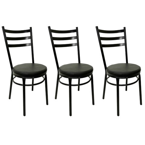 Combo 3 Cadeiras de Cozinha Redonda com Reforço Preta Assento Grosso Preto