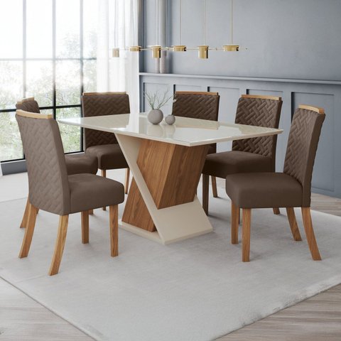 Conjunto Sala de Jantar Mesa com Vidro 6 Cadeiras Solus Marrom/Nature/Off White/Amêndoa