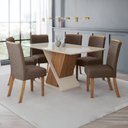 Ver imagem 1 de Conjunto Sala de Jantar Mesa com Vidro 6 Cadeiras Solus Marrom/Nature/Off White/Amêndoa