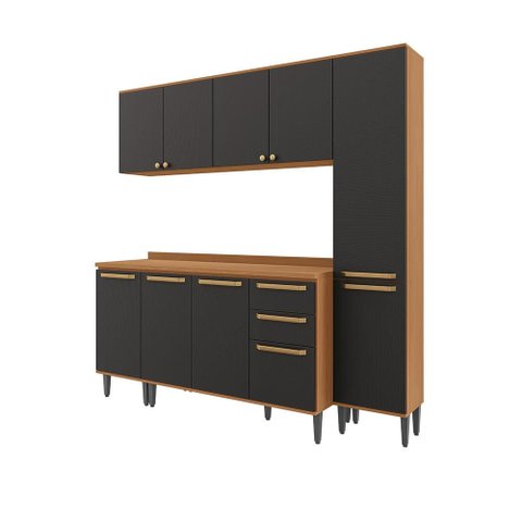 Armário de Cozinha Completa 9 Portas 200cm Canela/Preto Grid Elara Kappesberg