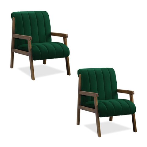 Poltrona Decorativa Sala Base de Madeira Kit 2 Daline Bouclê Verde E03 - D’Rossi