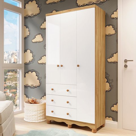 Guarda-Roupa Infantil 3 Portas e 3 Gavetas 100% MDF Mimo Espresso Móveis Branco Brilho/Amêndoa