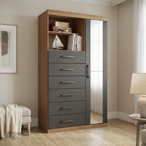 Cômoda Multiuso 6 Gavetas 1 Porta com Espelho Marabá Jatobá/Grafite Marrom/Jatoba
